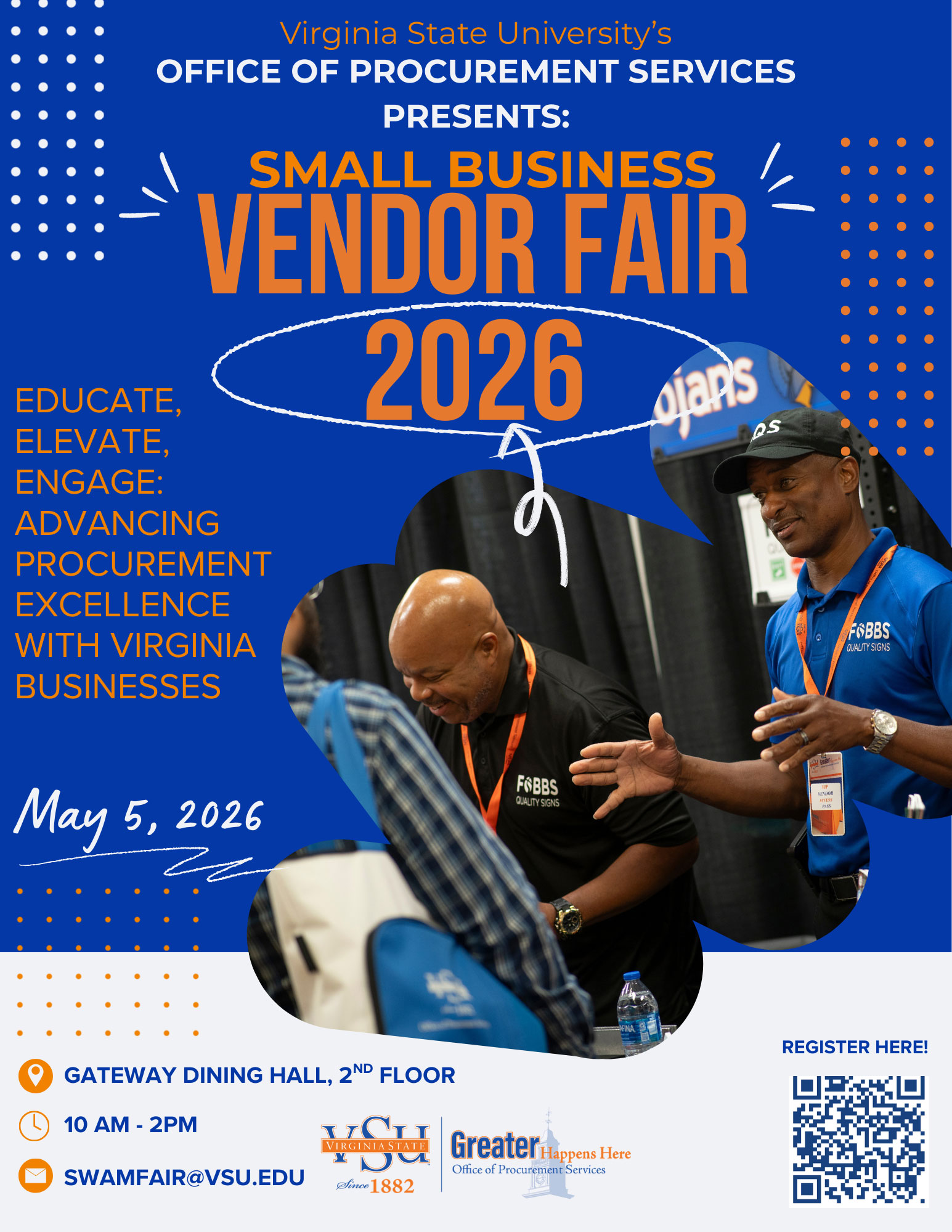  Small Business Vendor Fair on May 5, 2026, on the second floor of the Gateway Dining & Events Center. This dynamic event offers local businesses opportunities to engage, network, and explore pathways to advance procurement excellence across Virginia.